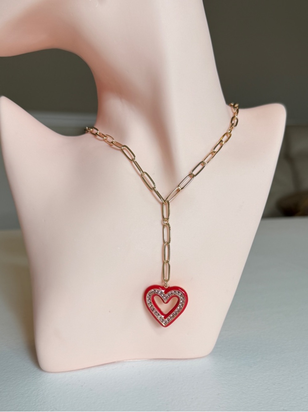 Gold Chain Y-Necklace with Red Heart Pendant